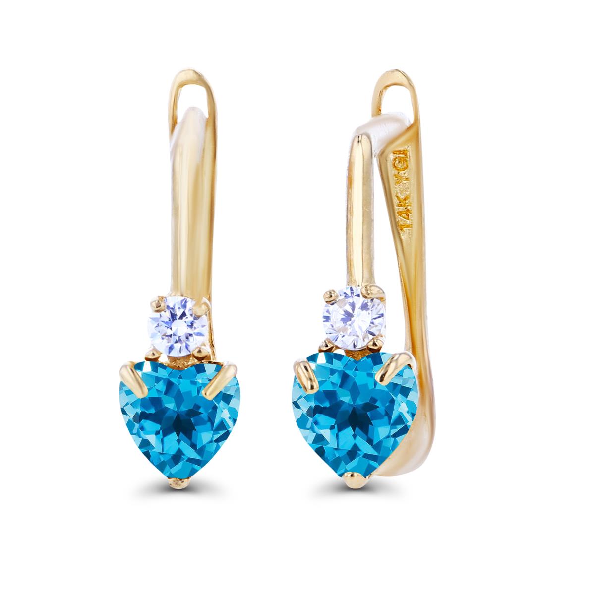 14K Yellow Gold 4mm Heart Swiss Blue Topaz & Created White Sapphire Latchback Earrings