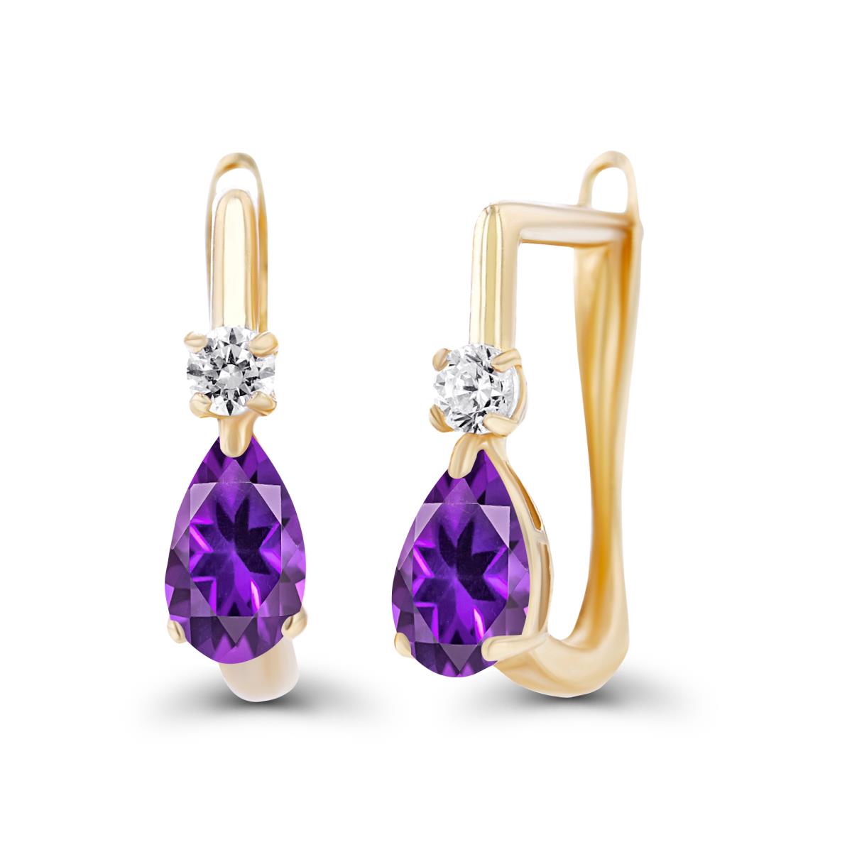 14K Yellow Gold 5x3mm Pear Amethyst & 2mm Created White Sapphire Latchback Earrings