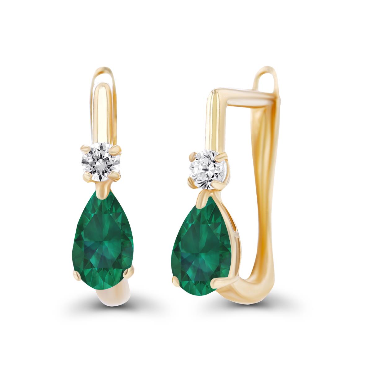 14K Yellow Gold 5x3mm Pear Created Emerald & 2mm Created White Sapphire Latchback Earrings