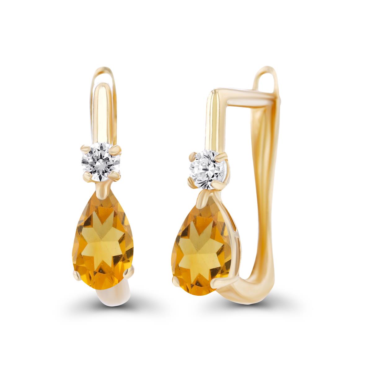 14K Yellow Gold 5x3mm Pear Citrine & 2mm Created White Sapphire Latchback Earrings