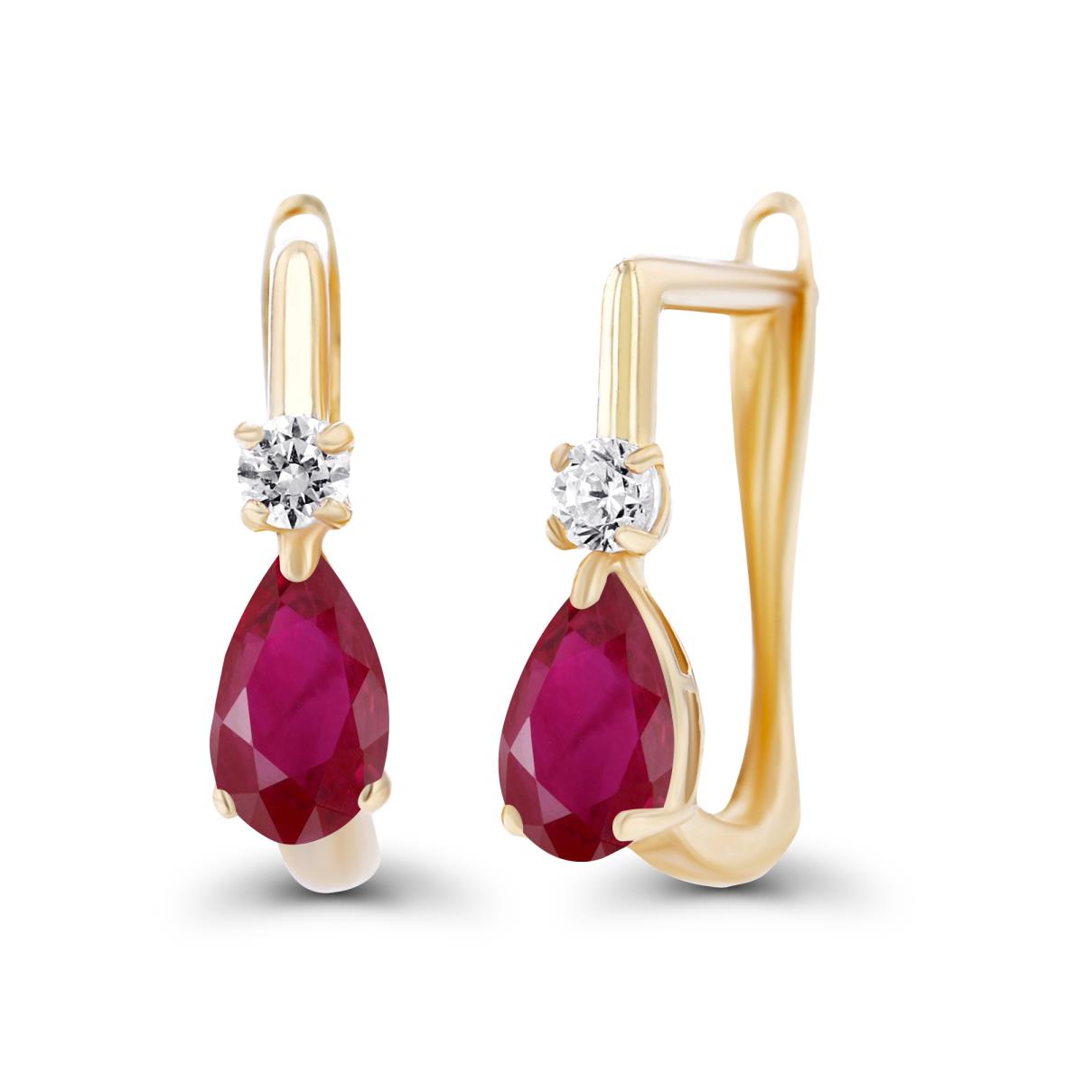 14K Yellow Gold 5x3mm Pear Ruby & 2mm Created White Sapphire Latchback Earrings