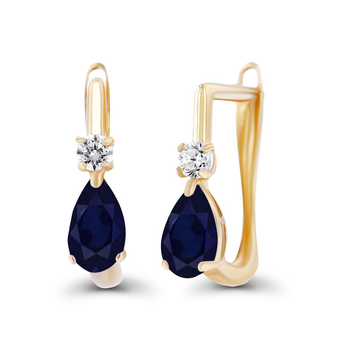 14K Yellow Gold 5x3mm Pear Sapphire & 2mm Created White Sapphire Latchback Earrings