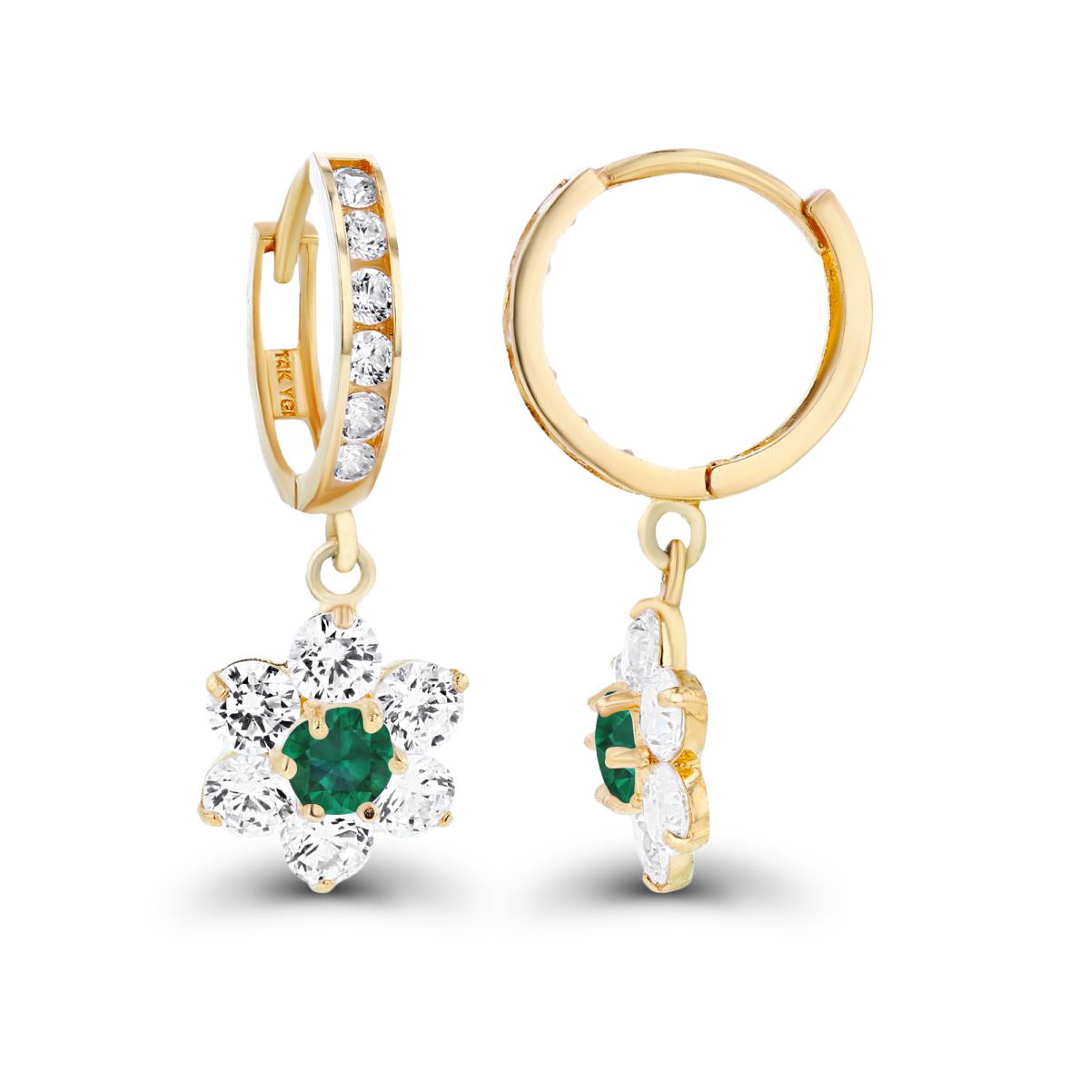 14K Yellow Gold 3.5mm Created Emerald & Created White Sapphire Flower Dangling Huggie Earrings