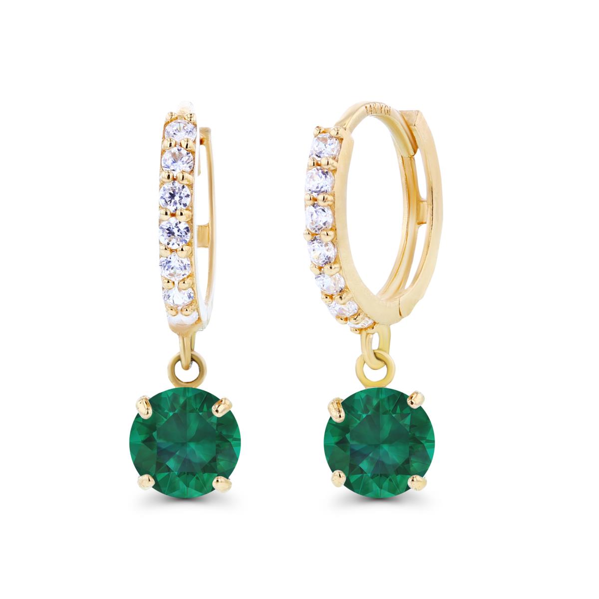 14K Yellow Gold 5mm Created Emerald & Created White Sapphire Dangling Huggie Earrings