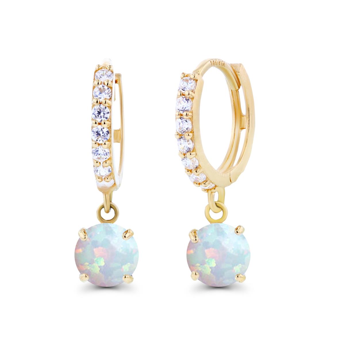 14K Yellow Gold 5mm Created Opal & Created White Sapphire Dangling Huggie Earrings