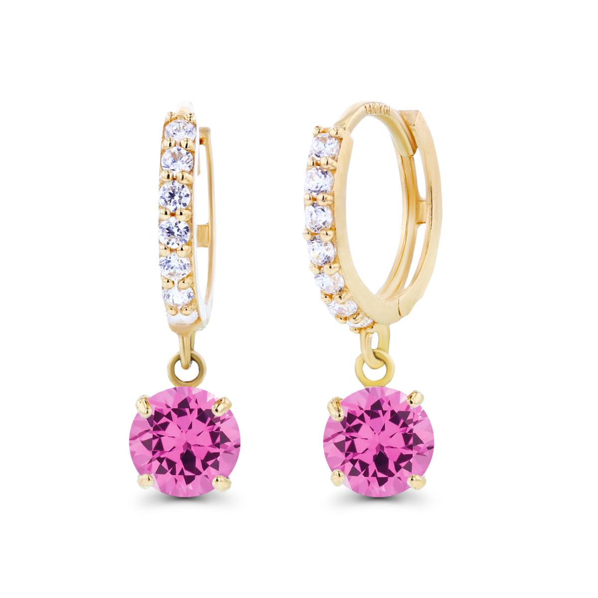 14K Yellow Gold 5mm Created Pink Sapphire & Created White Sapphire Dangling Huggie Earrings