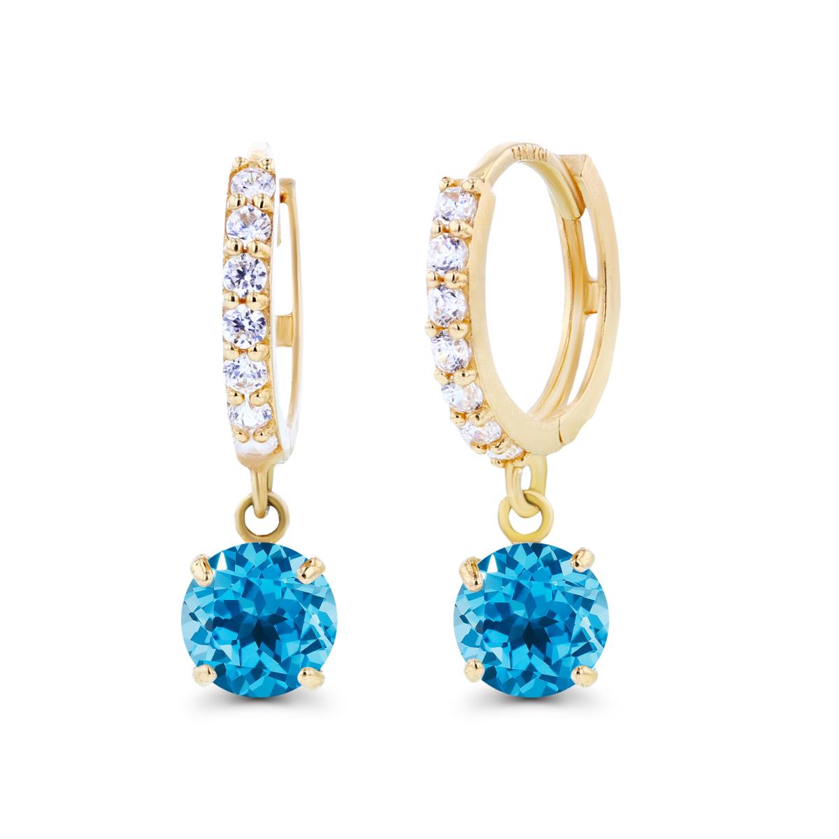 14K Yellow Gold 5mm Swiss Blue Topaz & Created White Sapphire Dangling Huggie Earrings