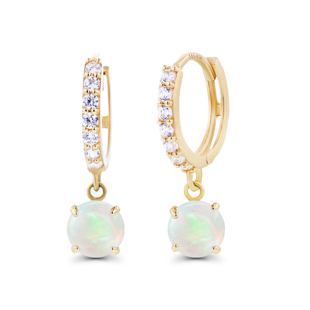 14K Yellow Gold 5mm Opal & Created White Sapphire Dangling Huggie Earrings
