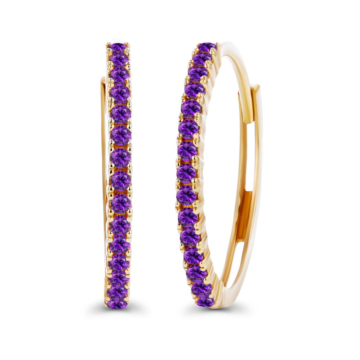 14K Yellow Gold One-Row Round Amethyst Huggie Earring