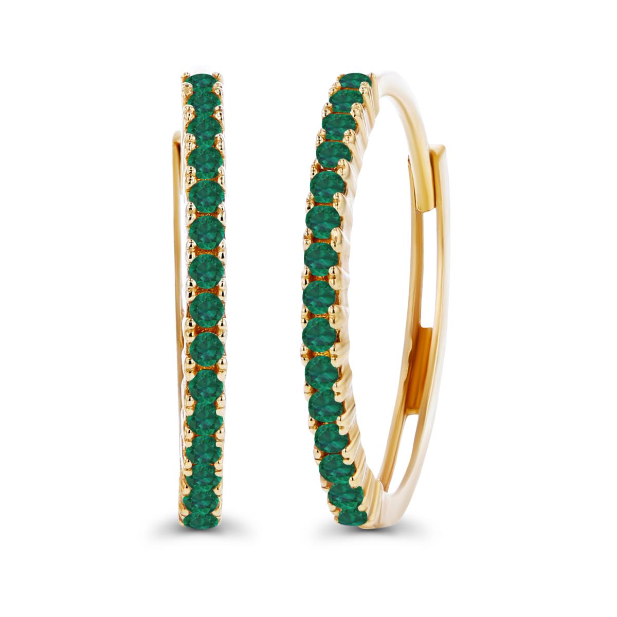 14K Yellow Gold One-Row Round Created Emerald Huggie Earring