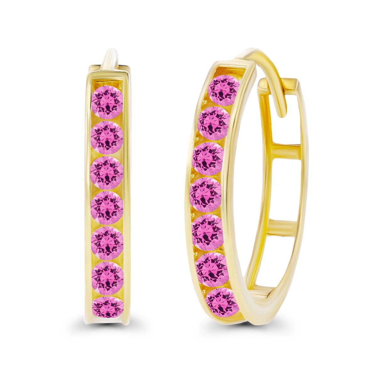 14K Yellow Gold 2.5mm Created Pink Sapphire Channel Hoop Earring