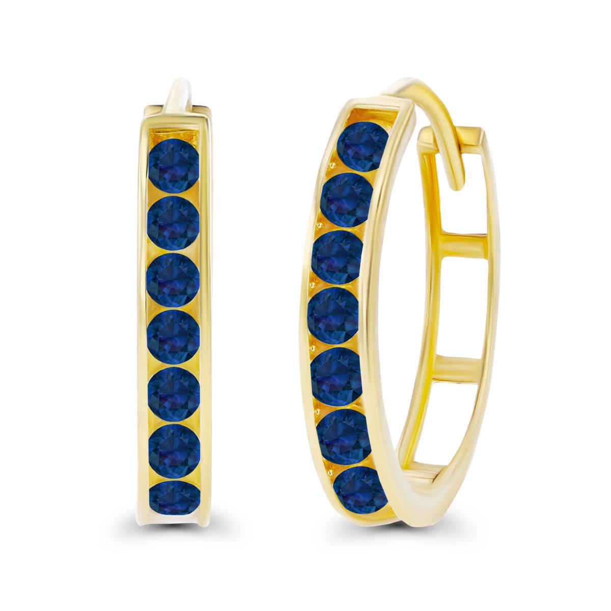 14K Yellow Gold 2.5mm Created Blue Sapphire Channel Hoop Earring