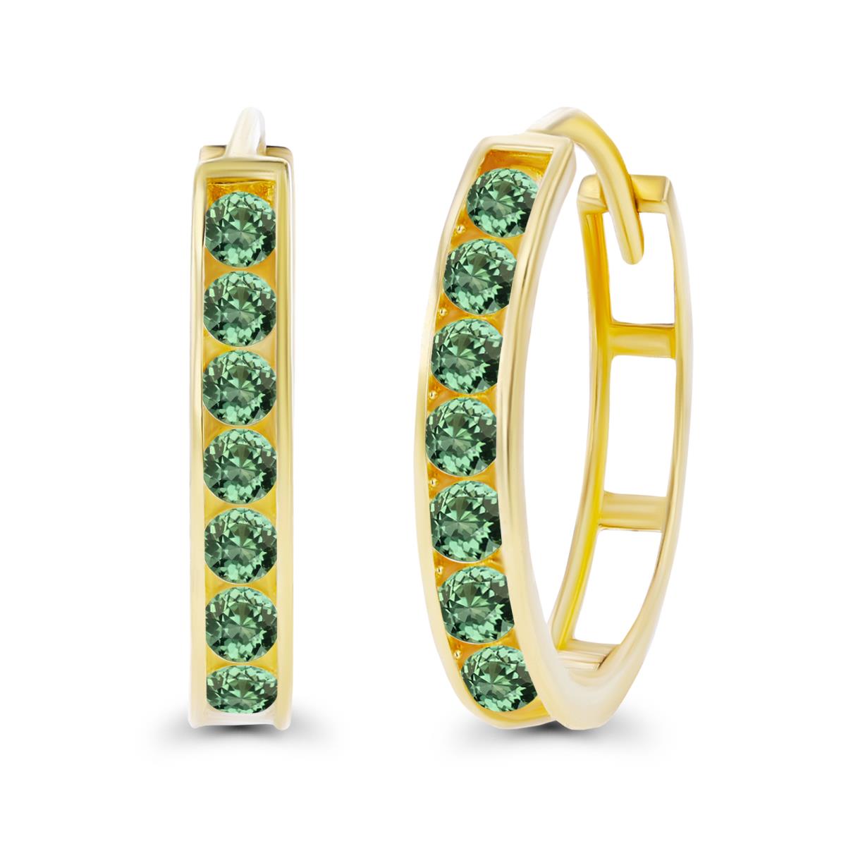 14K Yellow Gold 2.5mm Created Green Sapphire Channel Hoop Earring