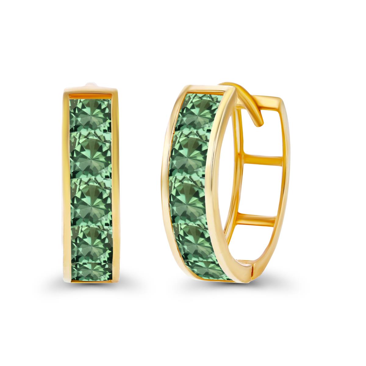 14K Yellow Gold 3mm Square Created Green Sapphire Channel Huggie Earring