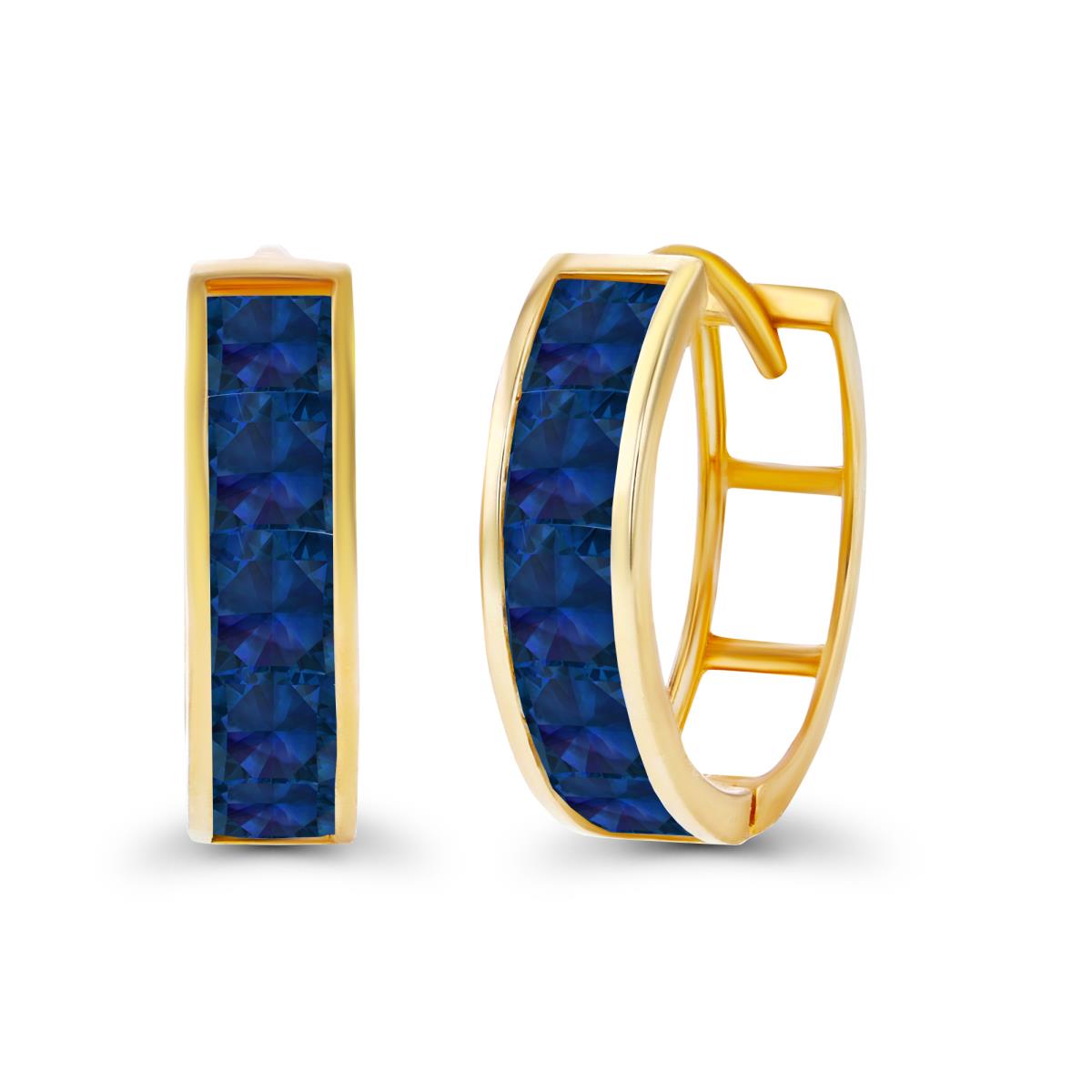 14K Yellow Gold 3mm Square Created Blue Sapphire Channel Huggie Earring