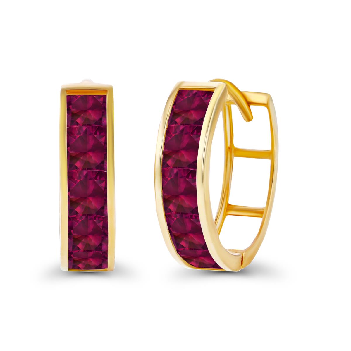 14K Yellow Gold 3mm Square Created Ruby Channel Huggie Earring