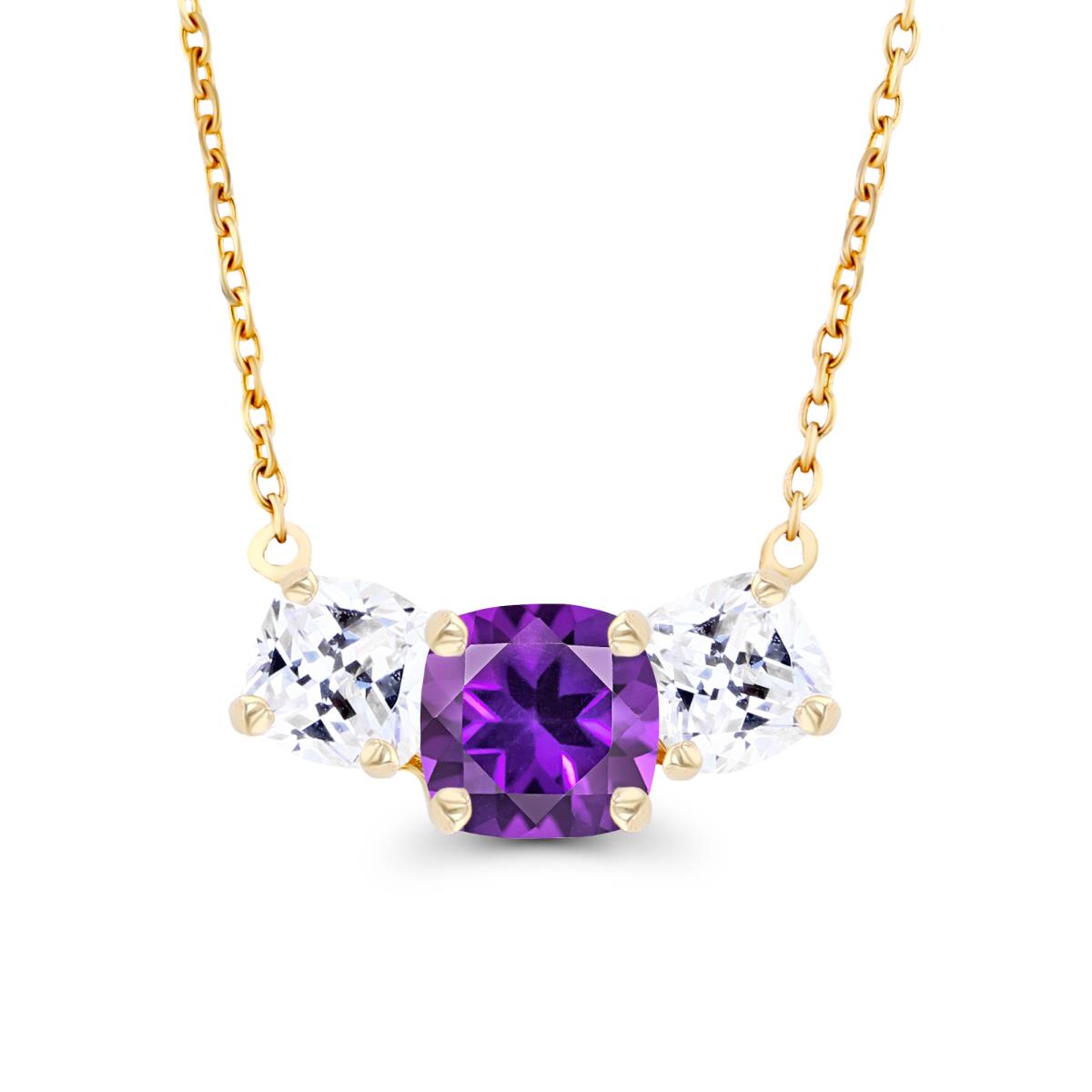 14K Yellow Gold 5mm Cushion Amethyst & 4mm Cushion Created White Sapphire 3-Stone 18" Necklace