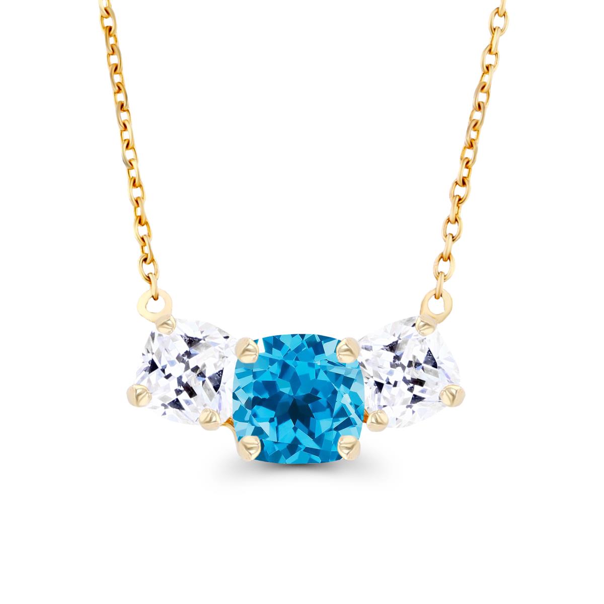 14K Yellow Gold 5mm Cushion Swiss Blue Topaz & 4mm Cushion Created White Sapphire 3-Stone 18" Necklace