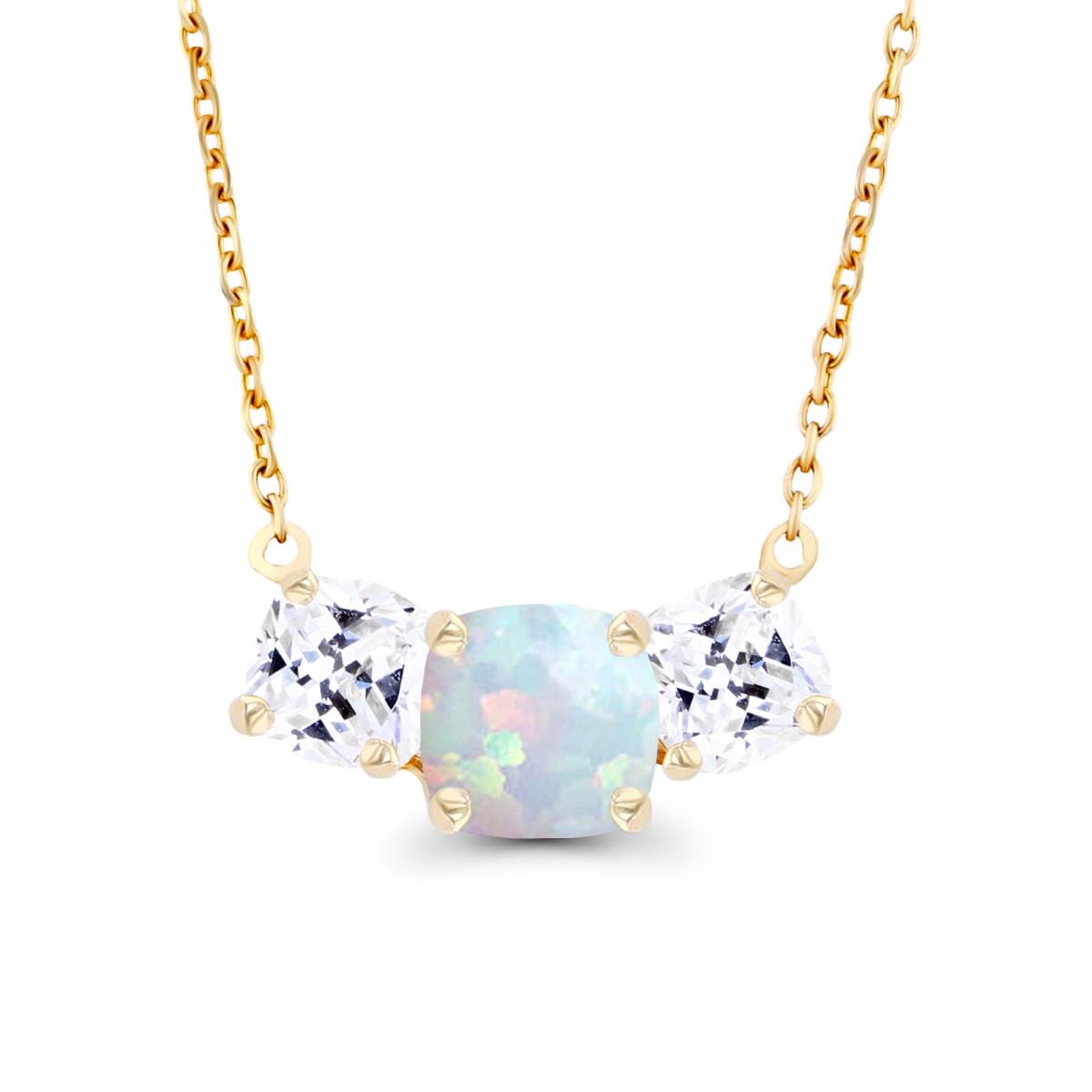 14K Yellow Gold 5mm Cushion Created Opal & 4mm Cushion Created White Sapphire 3-Stone 18" Necklace