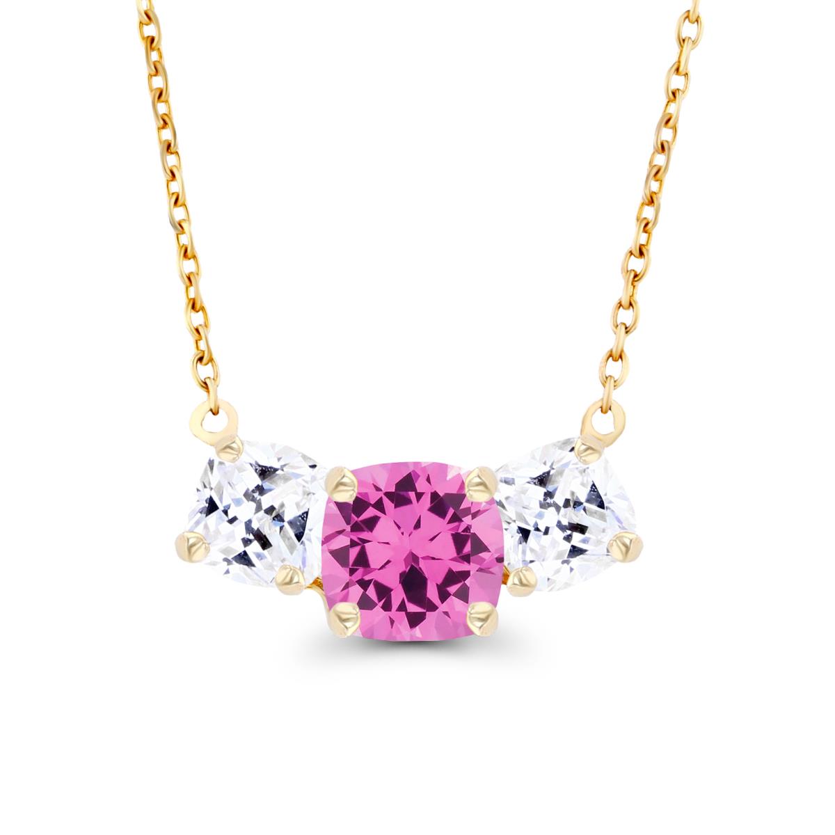 14K Yellow Gold 5mm Cushion Created Pink Sapphire & 4mm Cushion Created White Sapphire 3-Stone 18" Necklace
