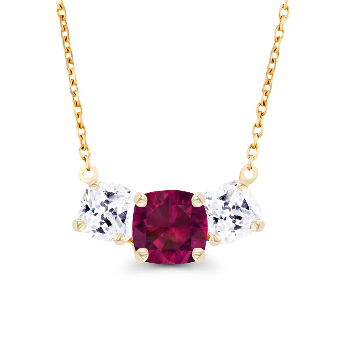 14K Yellow Gold 5mm Cushion Created Ruby & 4mm Cushion Created White Sapphire 3-Stone 18" Necklace