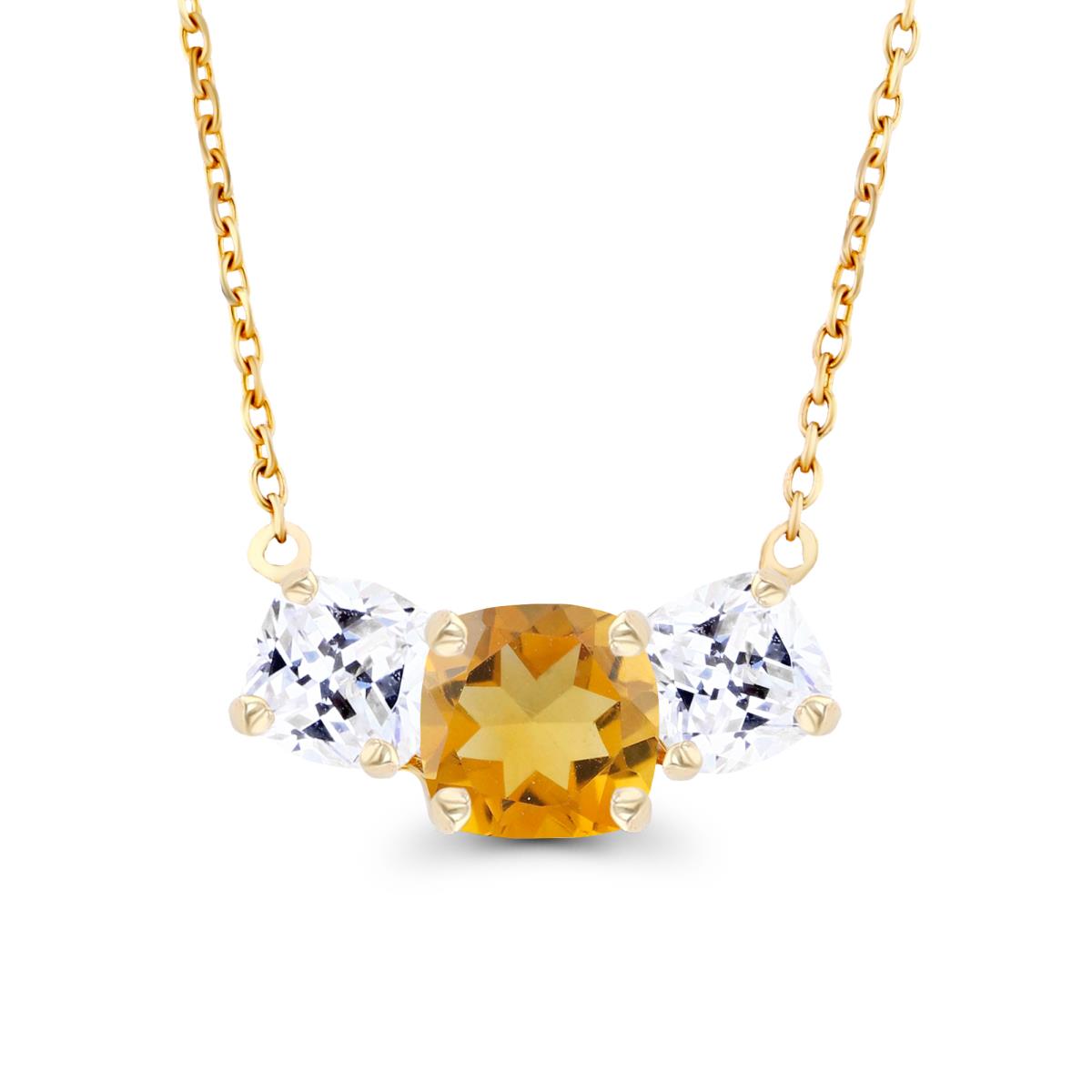 14K Yellow Gold 5mm Cushion Citrine & 4mm Cushion Created White Sapphire 3-Stone 18" Necklace