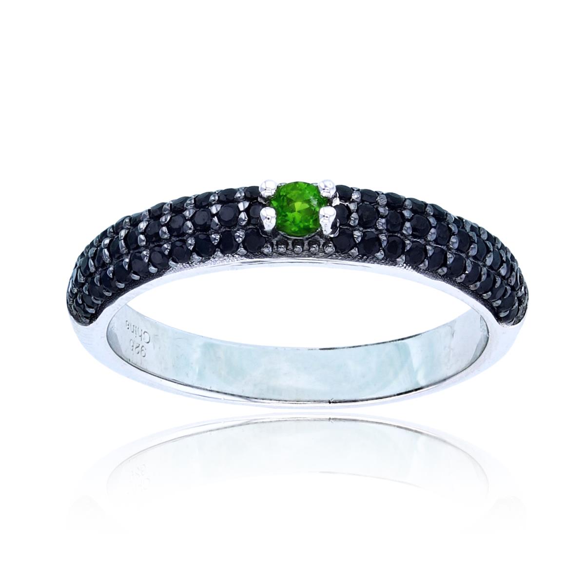 Sterling Silver Two-Tone (Blk/Wh) 2.5mm Rnd Chrom Diopside Center & Black Spinel Puffy Band
