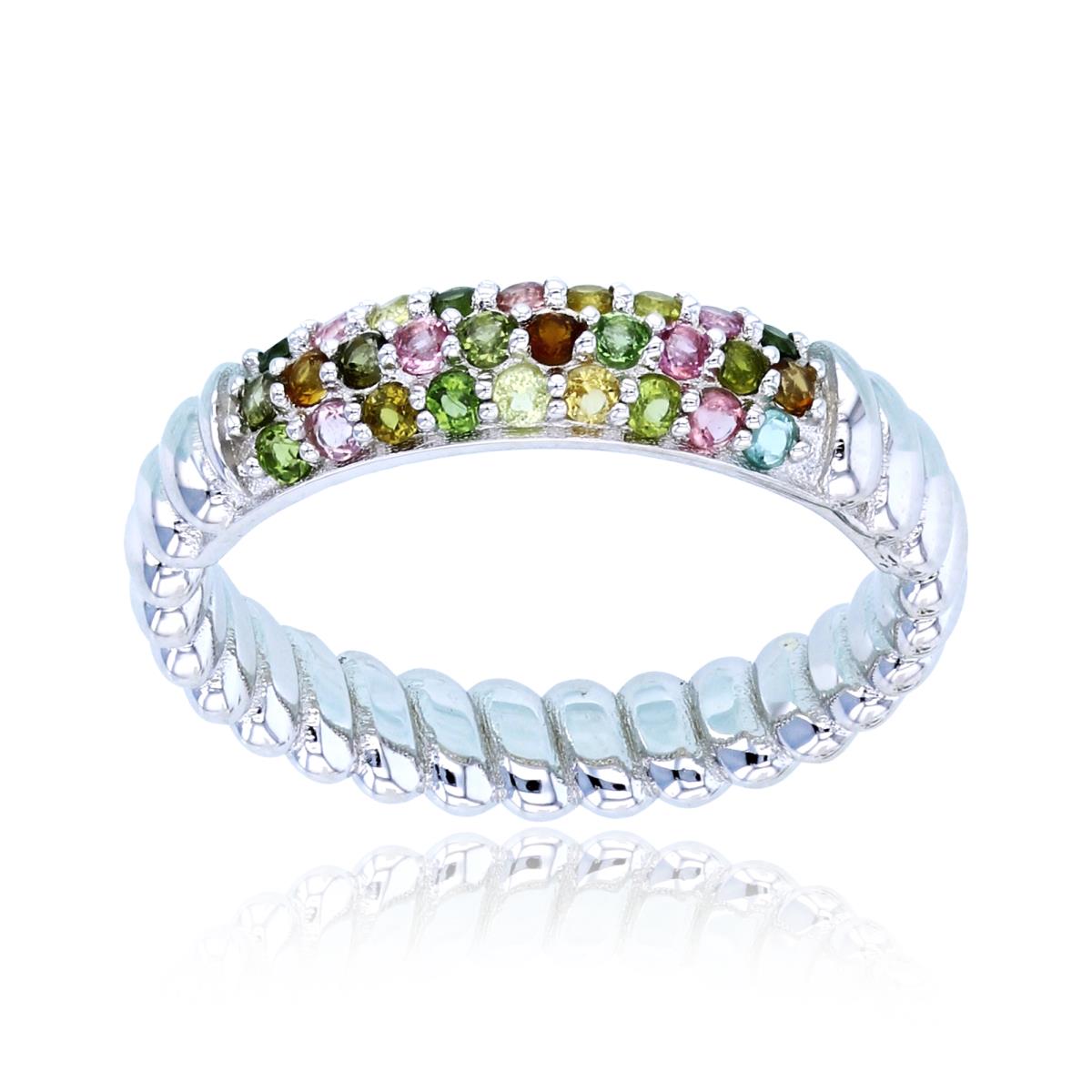 Sterling Silver Rhodium 1.5mm Rnd Multicolor Tourmaline Puffy Textured Band