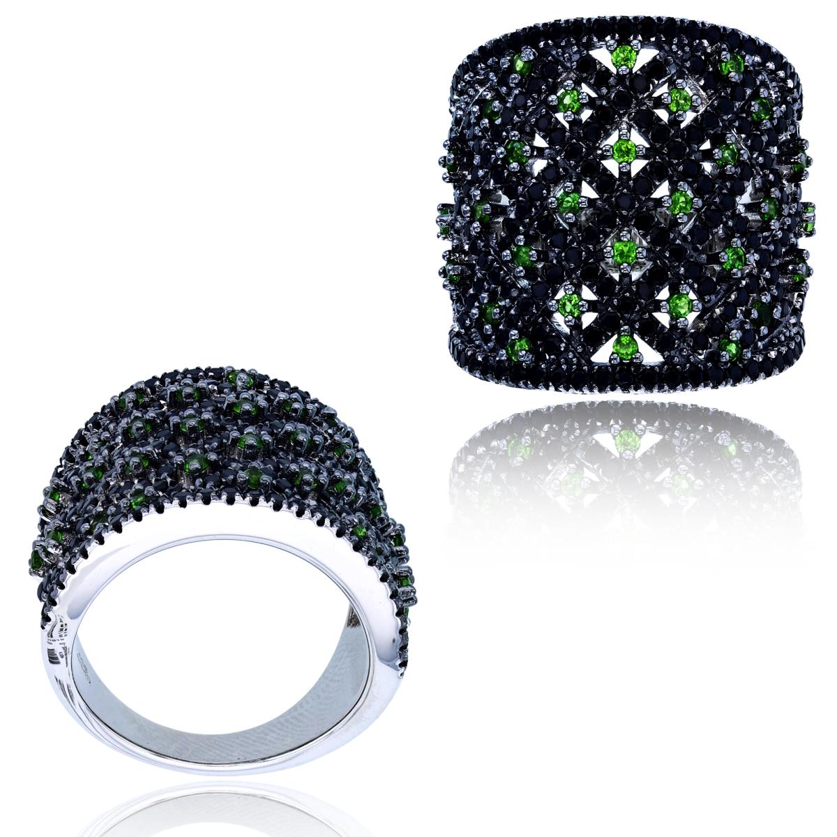Sterling SilverTwo-Tone (Blk/Wh) Rnd Black Spinel & Chrom Diopside Scattered Wide Band