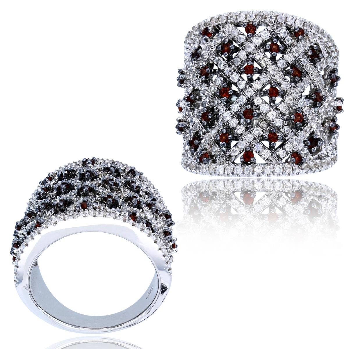 Sterling SilverTwo-Tone (Blk/Wh) Rnd Garnet & White Zircon Scattered Wide Band