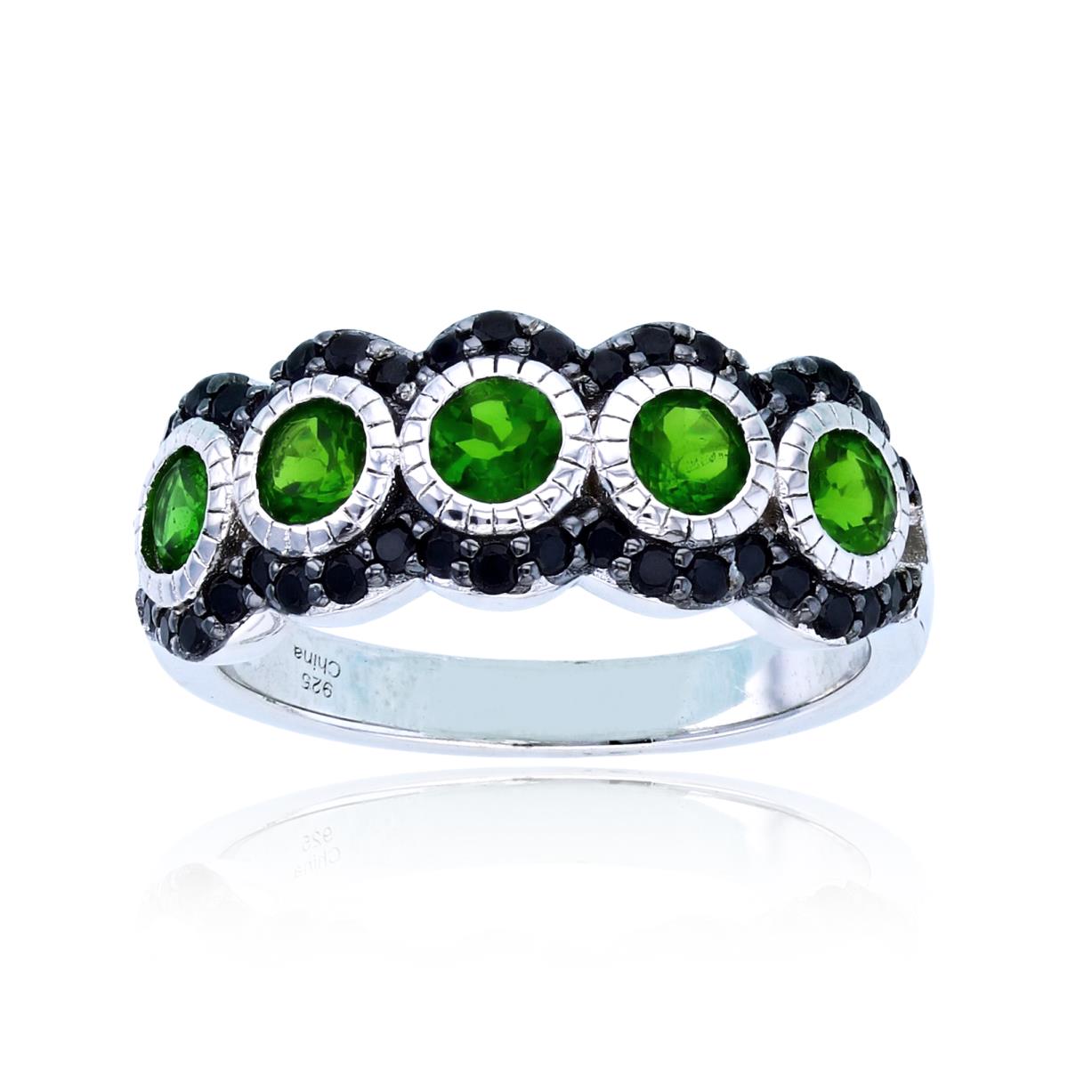 Sterling Silver Two-Tone (Blk/Wh) 3.5mm Rnd Chrom Diopside Bezel Textured Circles & Rnd Black Spinel Band