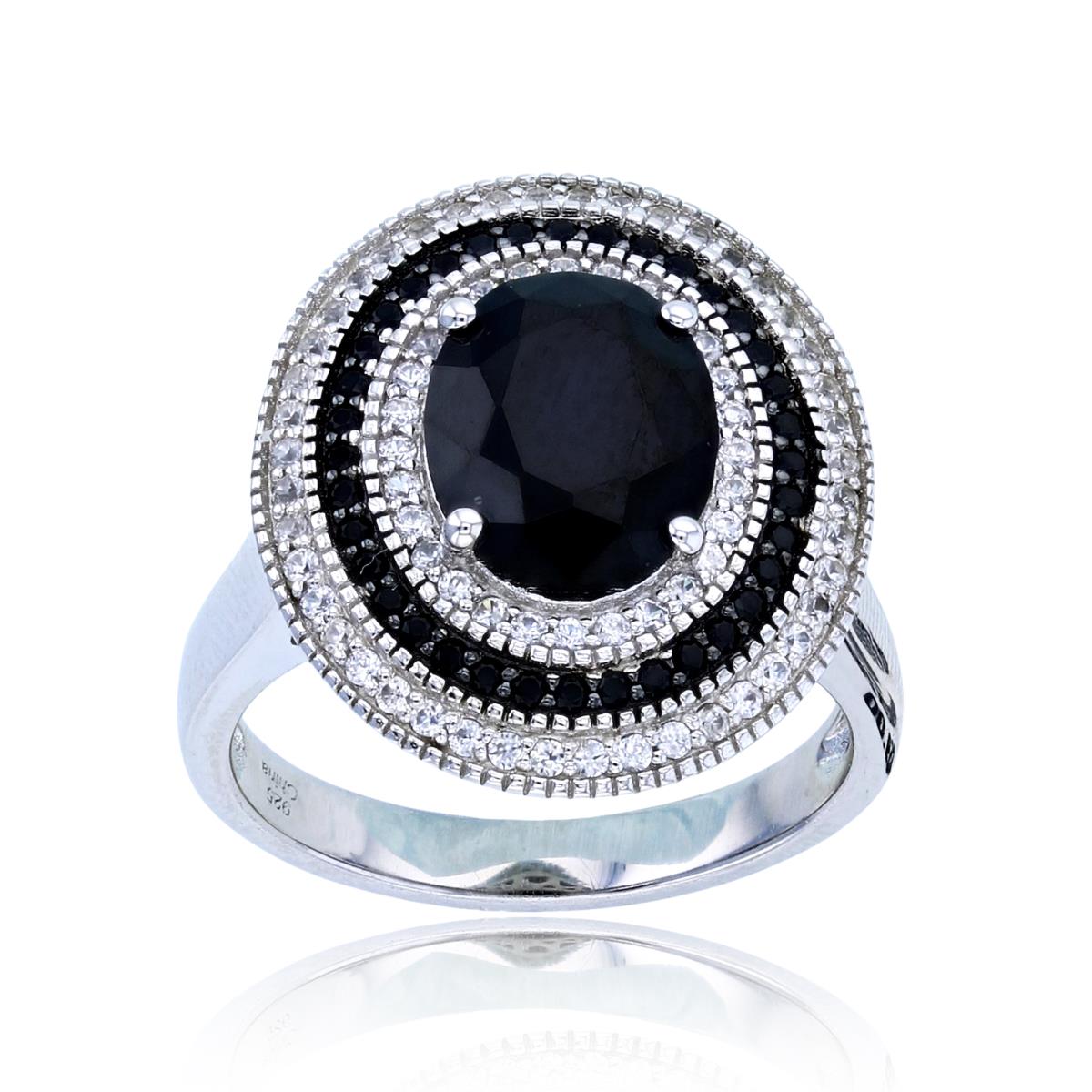 Sterling Silver Two-Tone (Blk/Wh) 10x8mm Ov Black Spinel & Rnd White Zircon / Black Spinel Triple Halo Ring