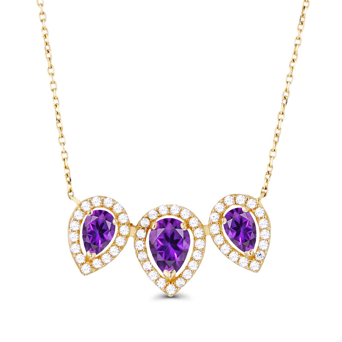 14K Yellow Gold Triple Pear Amethyst & Created White Sapphire Halo 18"Necklace