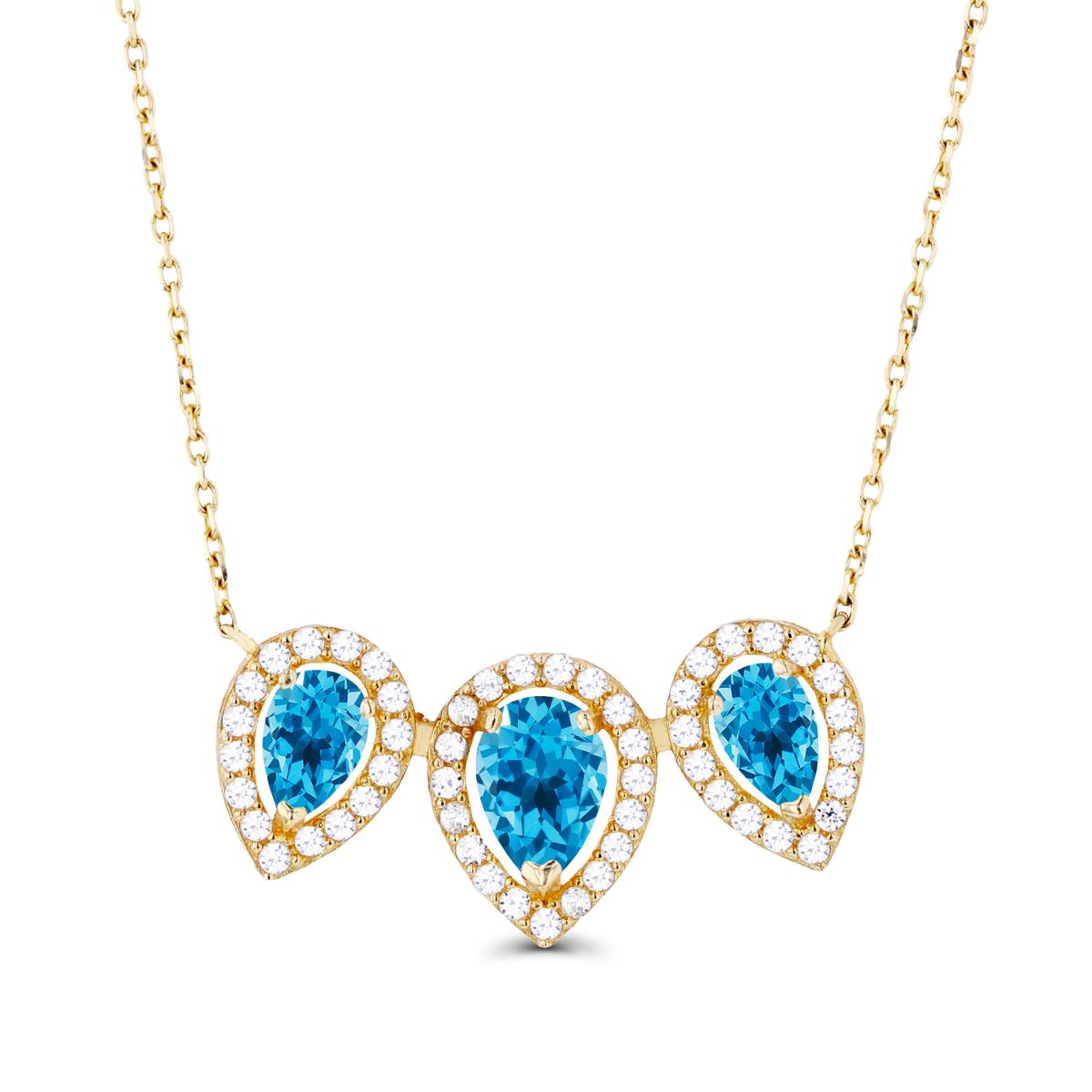 14K Yellow Gold Triple Pear Swiss Blue Topaz & Created White Sapphire Halo 18"Necklace