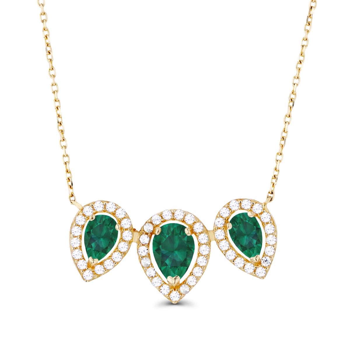 14K Yellow Gold Triple Pear Created Emerald & Created White Sapphire Halo 18"Necklace