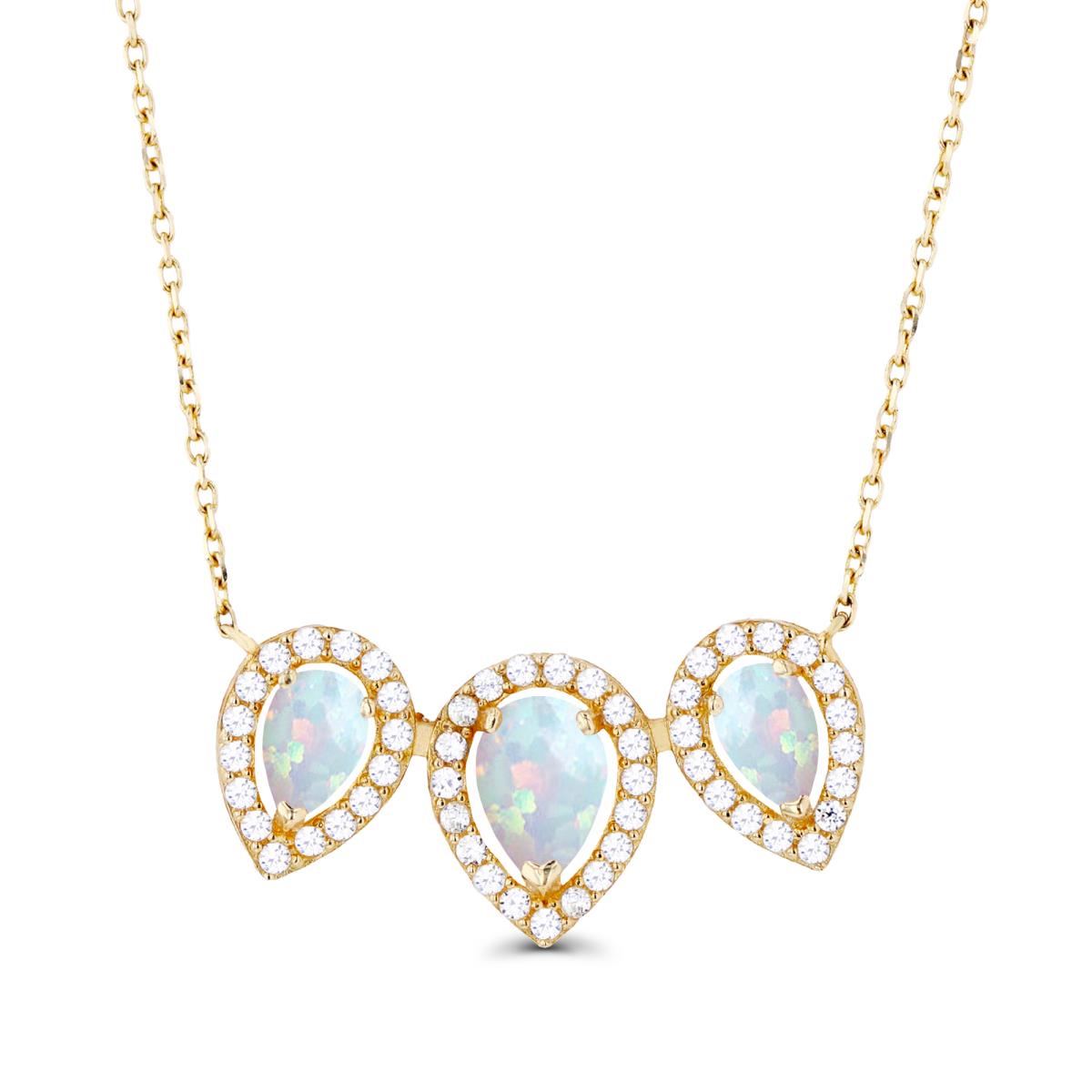 14K Yellow Gold Triple Pear Created Opal & Created White Sapphire Halo 18"Necklace