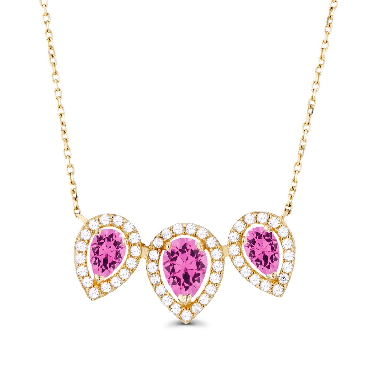 14K Yellow Gold Triple Pear Created Pink Sapphire & Created White Sapphire Halo 18"Necklace