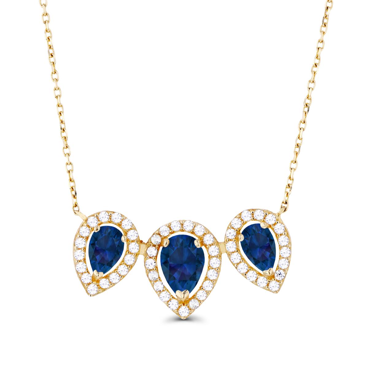 14K Yellow Gold Triple Pear Created Blue Sapphire & Created White Sapphire Halo 18"Necklace