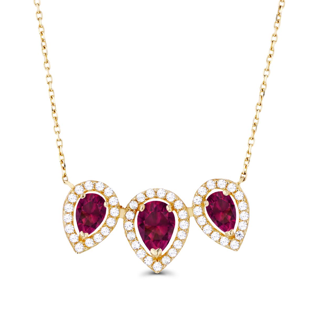 14K Yellow Gold Triple Pear Created Ruby & Created White Sapphire Halo 18"Necklace