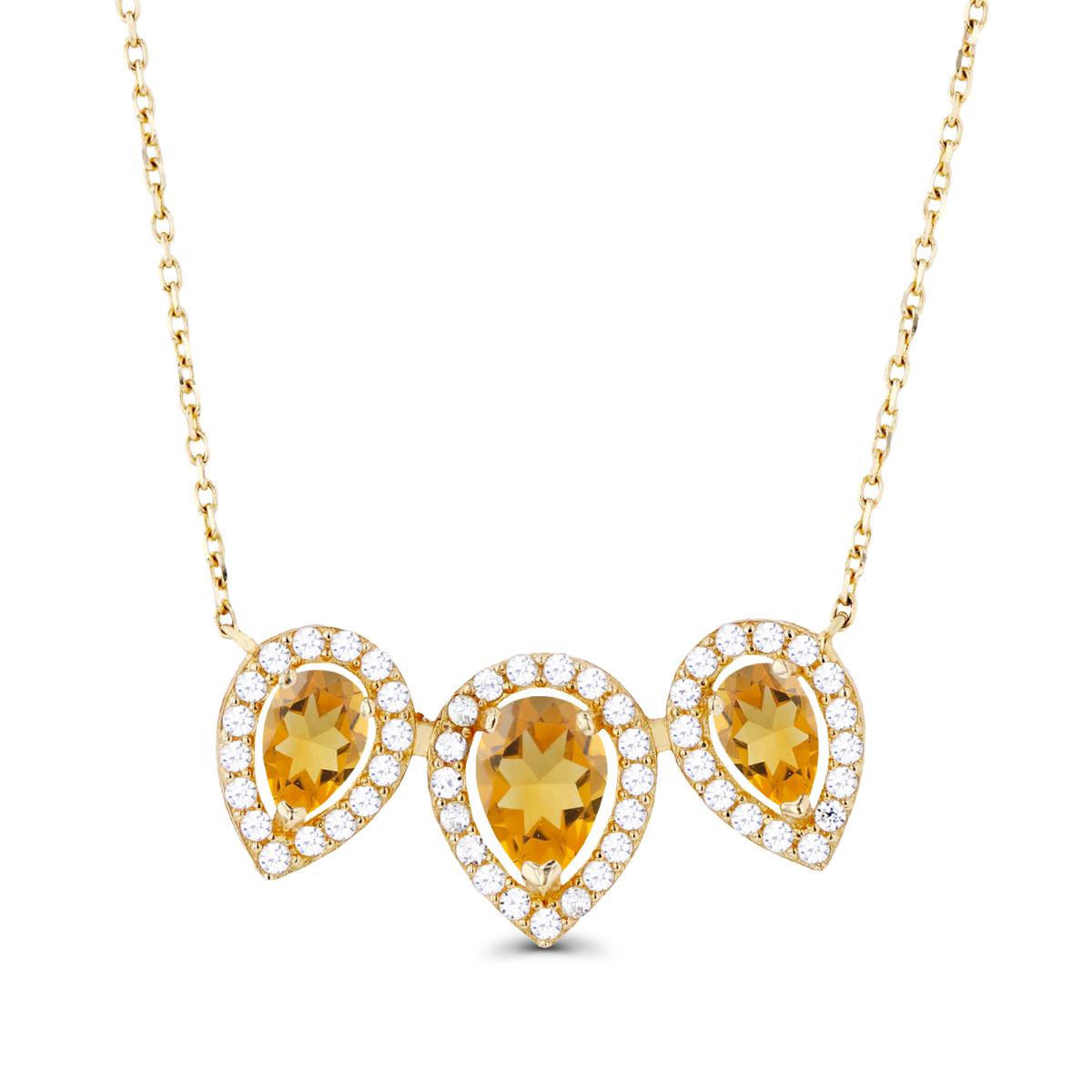 14K Yellow Gold Triple Pear Citrine & Created White Sapphire Halo 18"Necklace