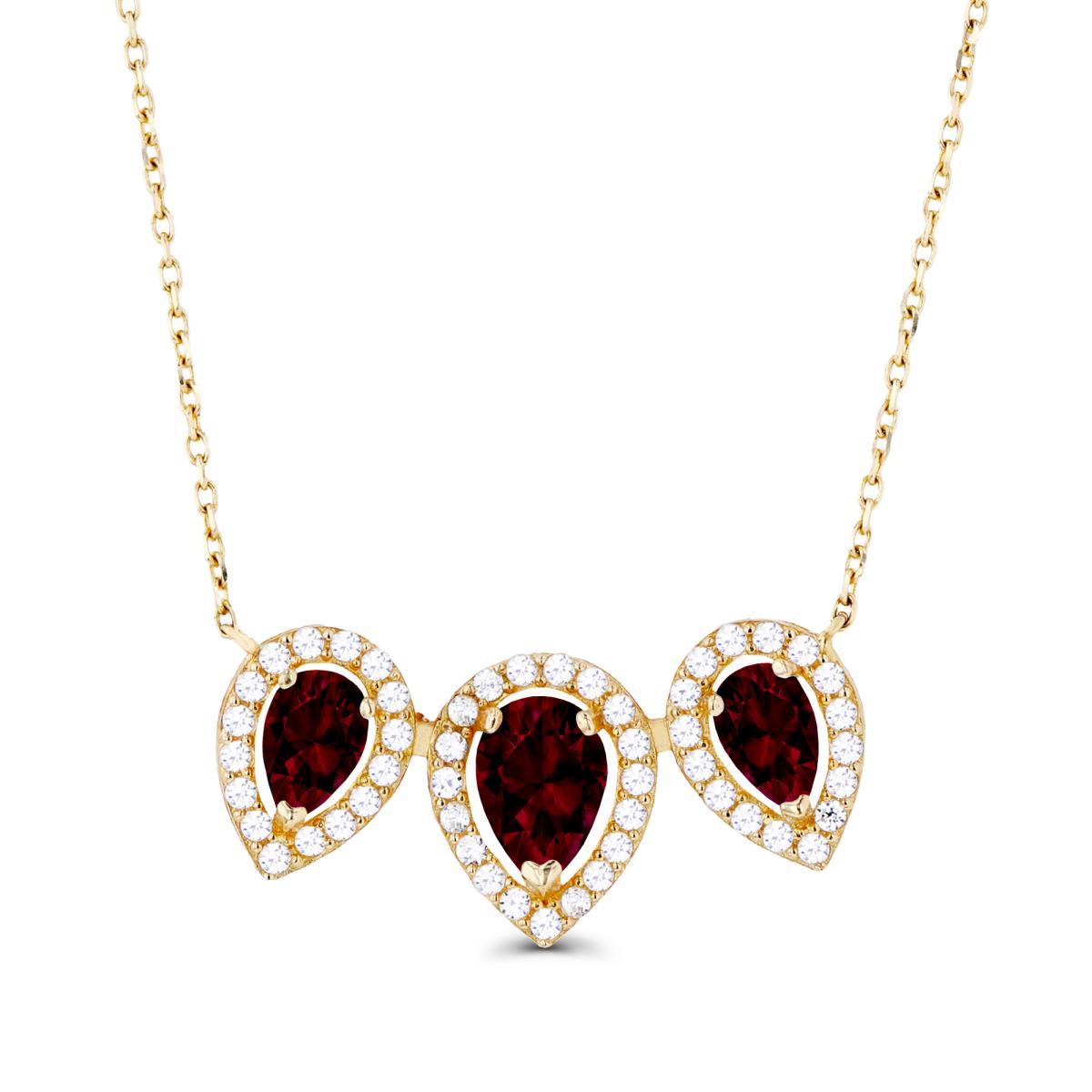 14K Yellow Gold Triple Pear Garnet & Created White Sapphire Halo 18"Necklace
