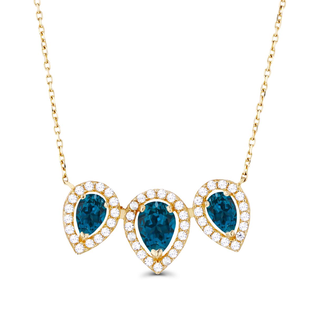 14K Yellow Gold Triple Pear London Blue Topaz & Created White Sapphire Halo 18"Necklace