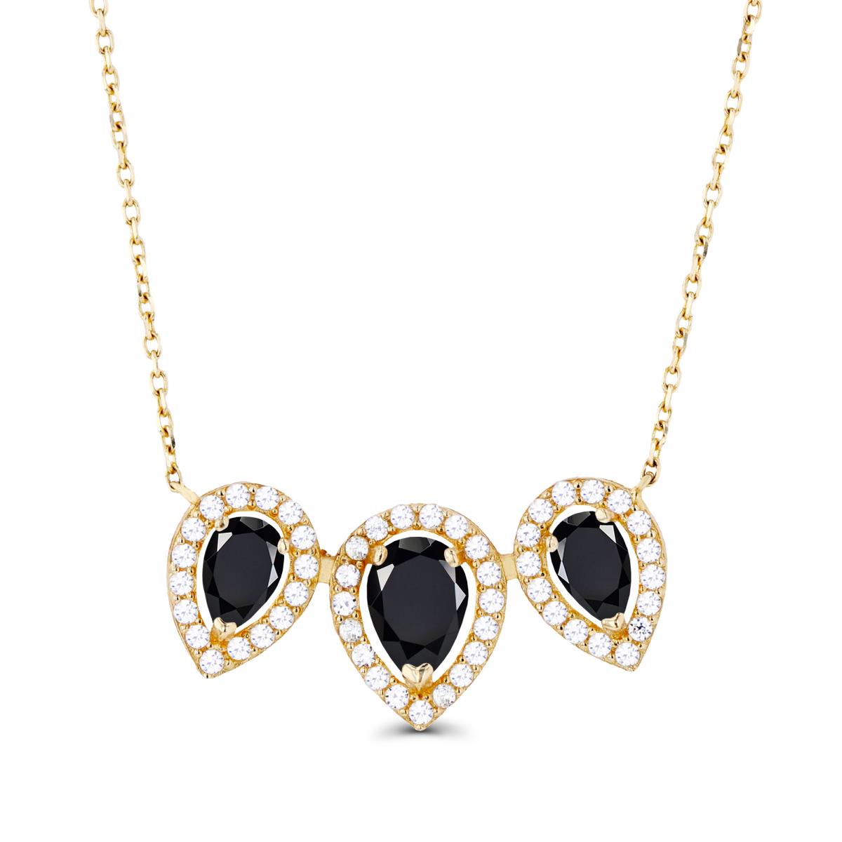 14K Yellow Gold Triple Pear Onyx & Created White Sapphire Halo 18"Necklace
