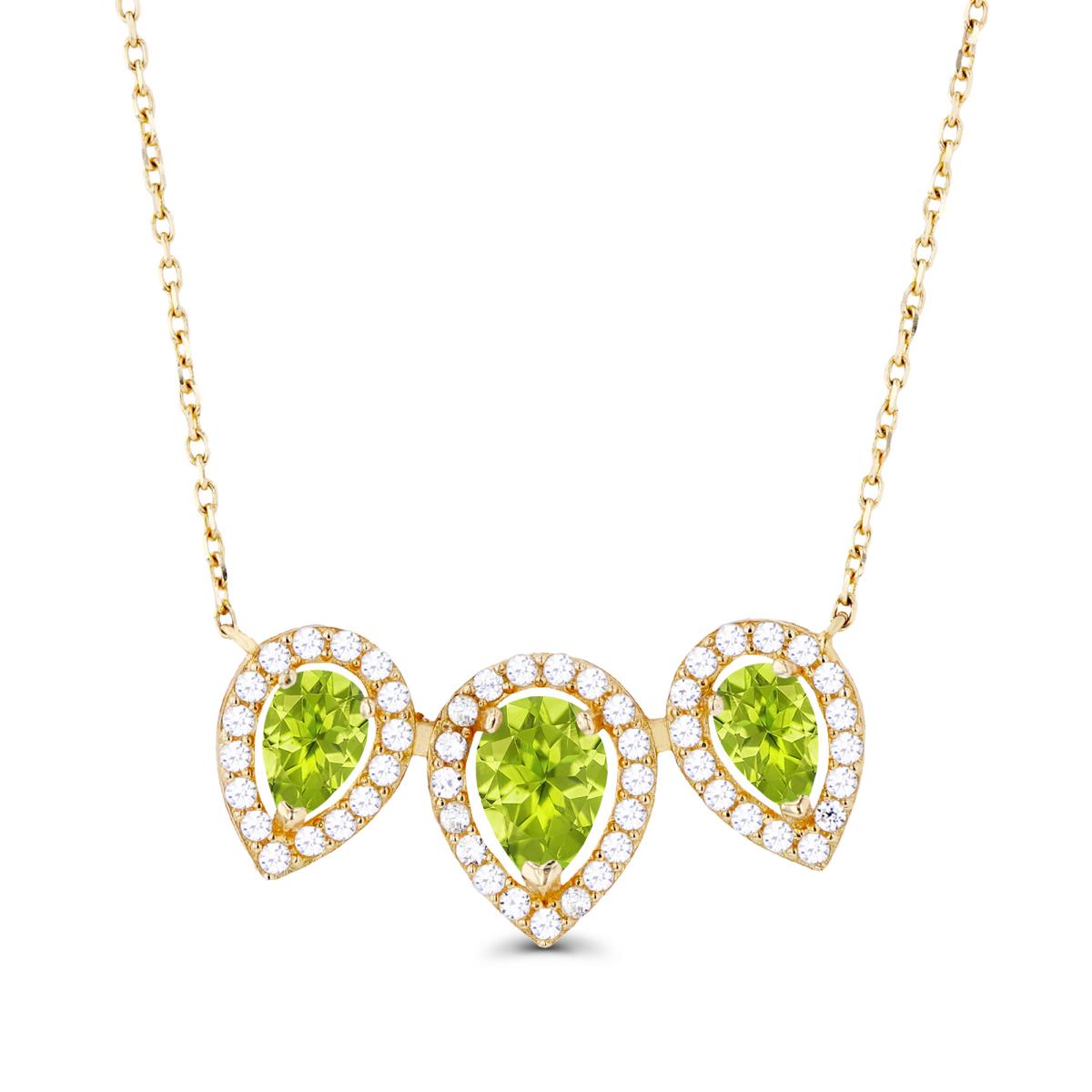 14K Yellow Gold Triple Pear Peridot & Created White Sapphire Halo 18"Necklace
