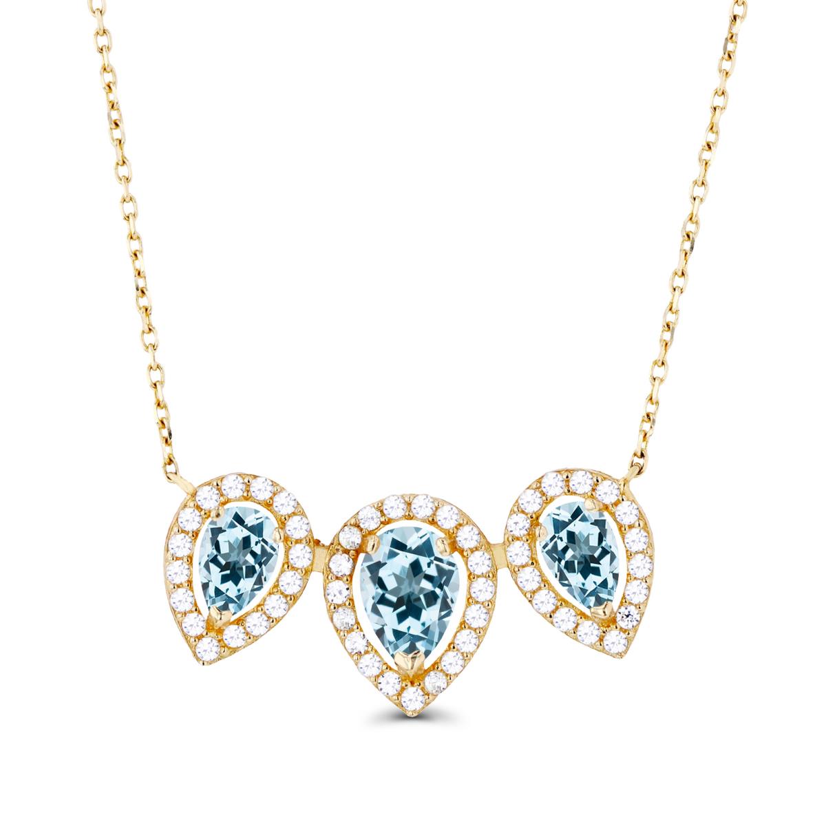 14K Yellow Gold Triple Pear Sky Blue Topaz & Created White Sapphire Halo 18"Necklace