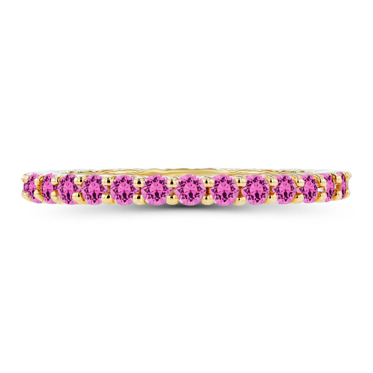 14K Yellow Gold 2mm Round Created Pink Sapphire Micropave Eternity Ring