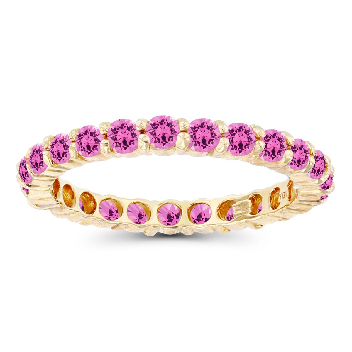 14K Yellow Gold 2.5mm Round Created Pink Sapphire Micropave Eternity Ring