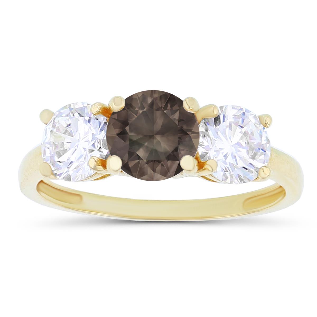 14K Yellow Gold 3-Stones Smokey Quartz & Created White Sapphire Anniversary Ring