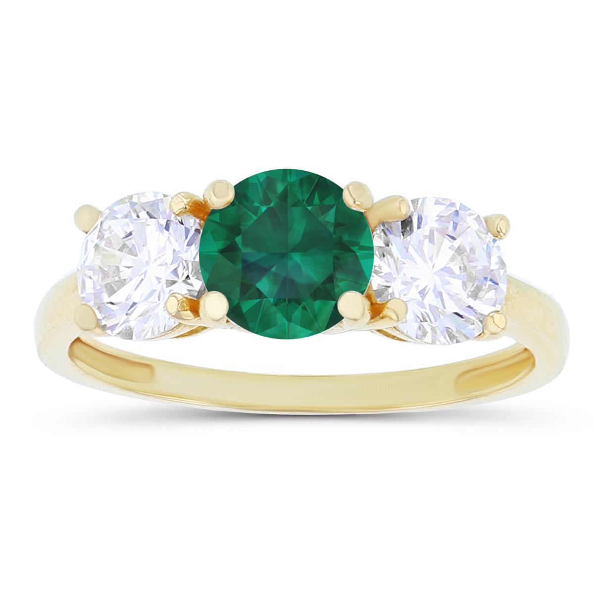 14K Yellow Gold 3-Stones Created Emerald & Created White Sapphire Anniversary Ring