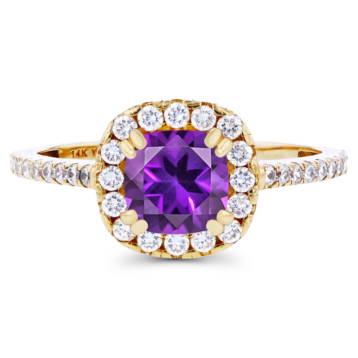 14K Yellow Gold 6mm Cushion Amethyst & Created White Sapphire Halo Engagement Ring